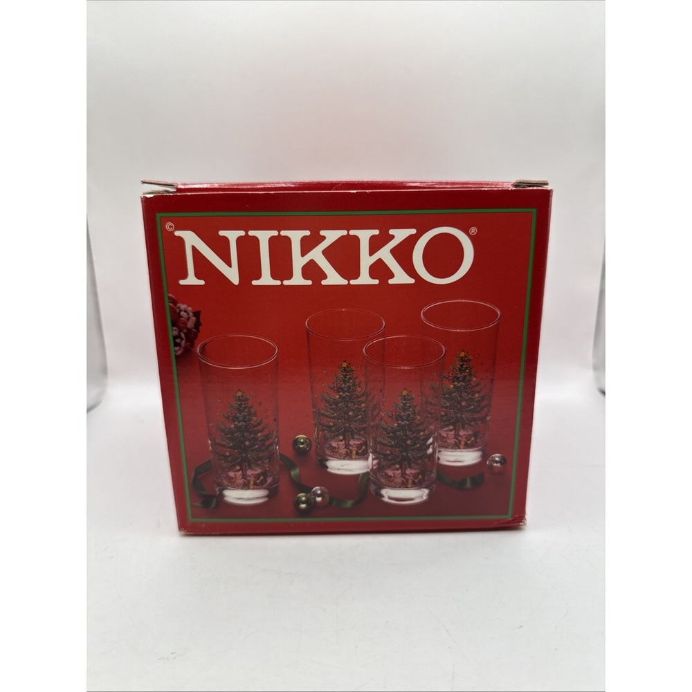 Vintage Nikko Christmas Tree Glasses Set 4 Happy Holidays Tumblers Highball